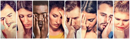 Collage group of sad depressed people. Unhappy men women