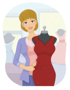 Graphic image of a woman holding a mannequin with a red dress