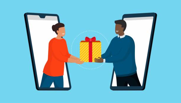 Happy friends video calling and sharing a virtual gift online on their smartphones