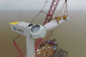 A wind turbine being repaired