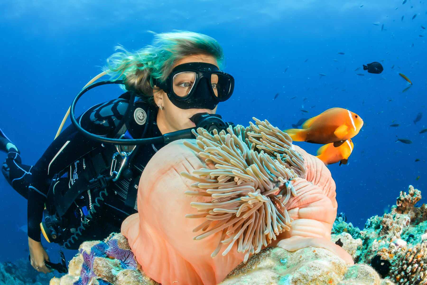 Woman with scuba diving gear observing the species underwater