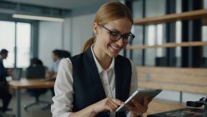 Woman with glasses browsing through her tablet