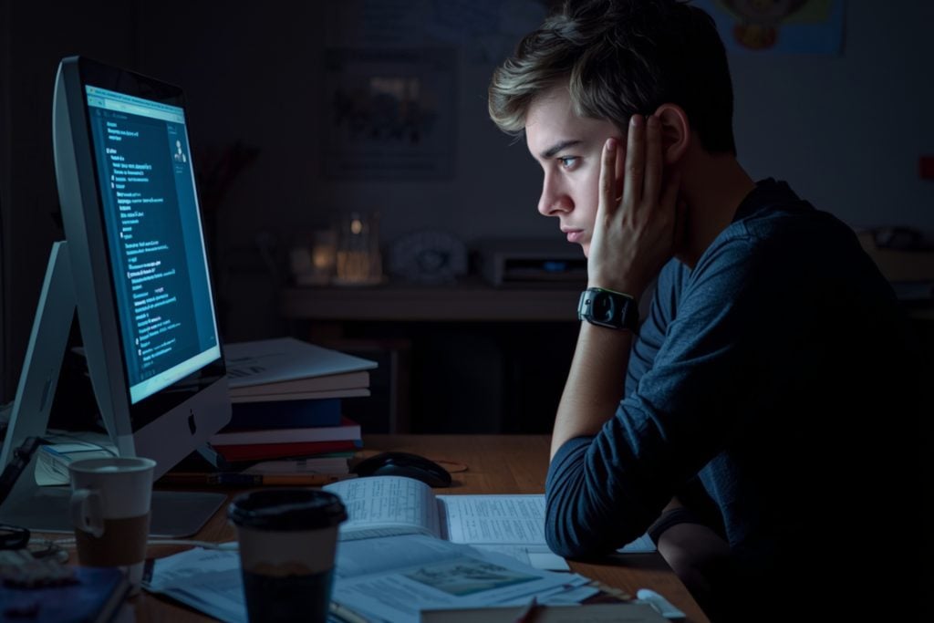 male college student exhibiting burnout and using ChatGPT